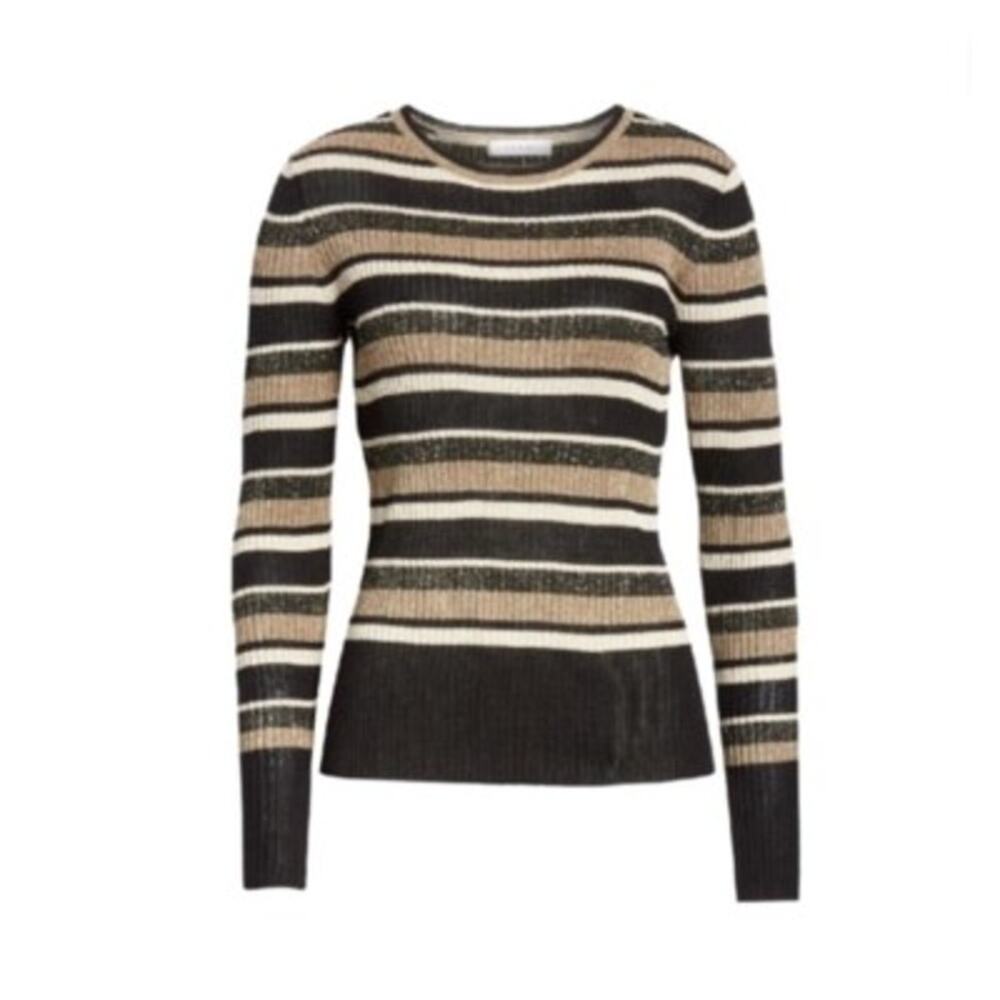 FRAME Panel Stripe Metallic Rib Knit Sweater Black Tan Medium - Picture 2 of 8